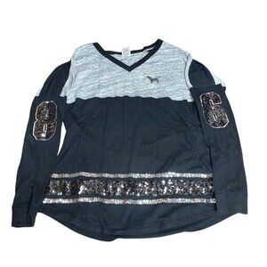 VICTORIA'S SECRET Pullover Tee Women Size M Black Gray Sequins BIG LOGO V-Neck